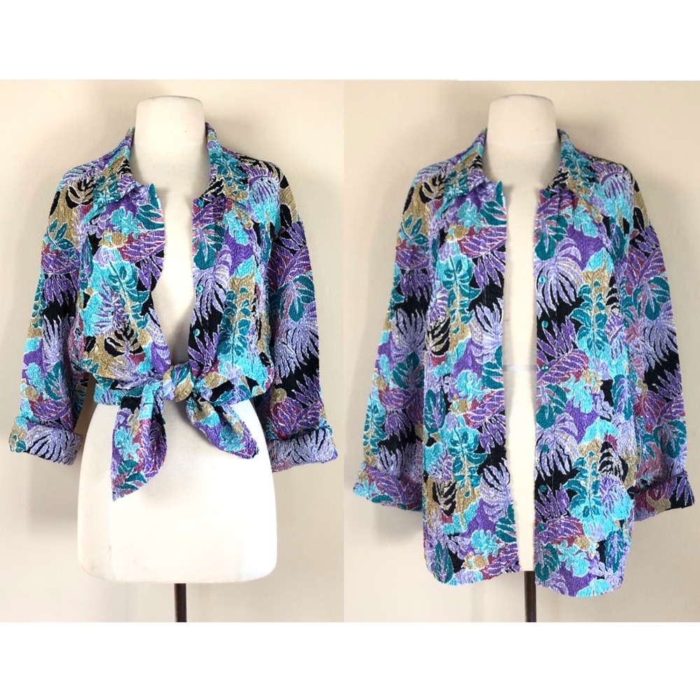 vintage 90s popcorn tropical print shirt black pastel shacket blouse 1990s y2k